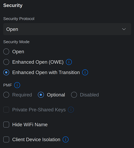 Unifi Network Controller Screenshot mit OWE und OWE Transition Mode Option